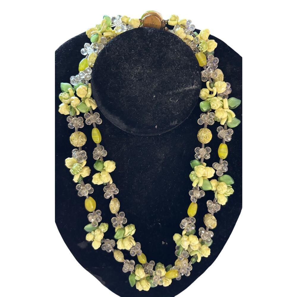 Vintage Multi Strand Floral Fruit Salad Necklace Green Yellow MCM Retro 20"